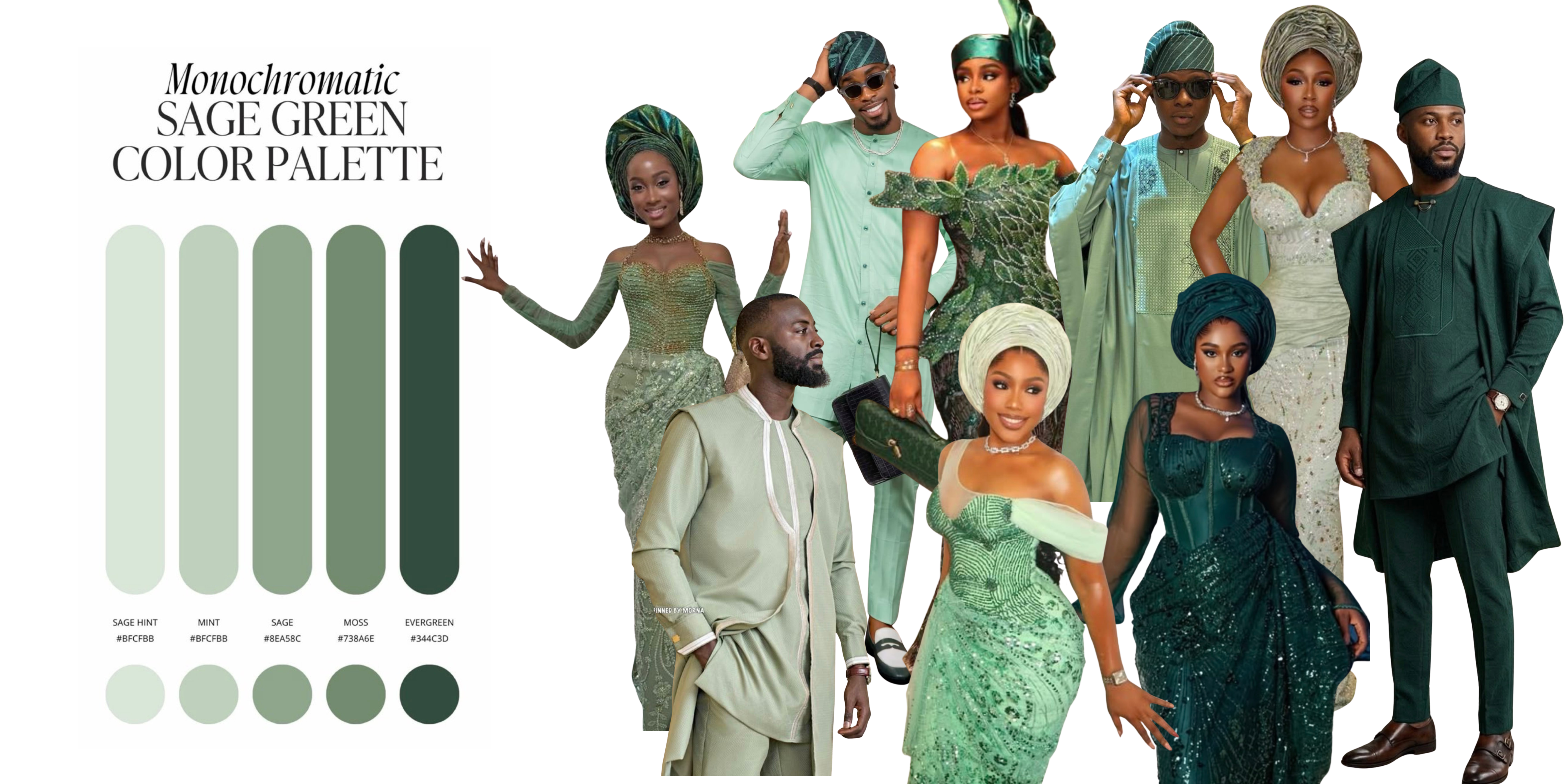 Monochromatic sage green colour palette showing shades from sage hint to evergreen, with examples of traditional Nigerian wedding attire